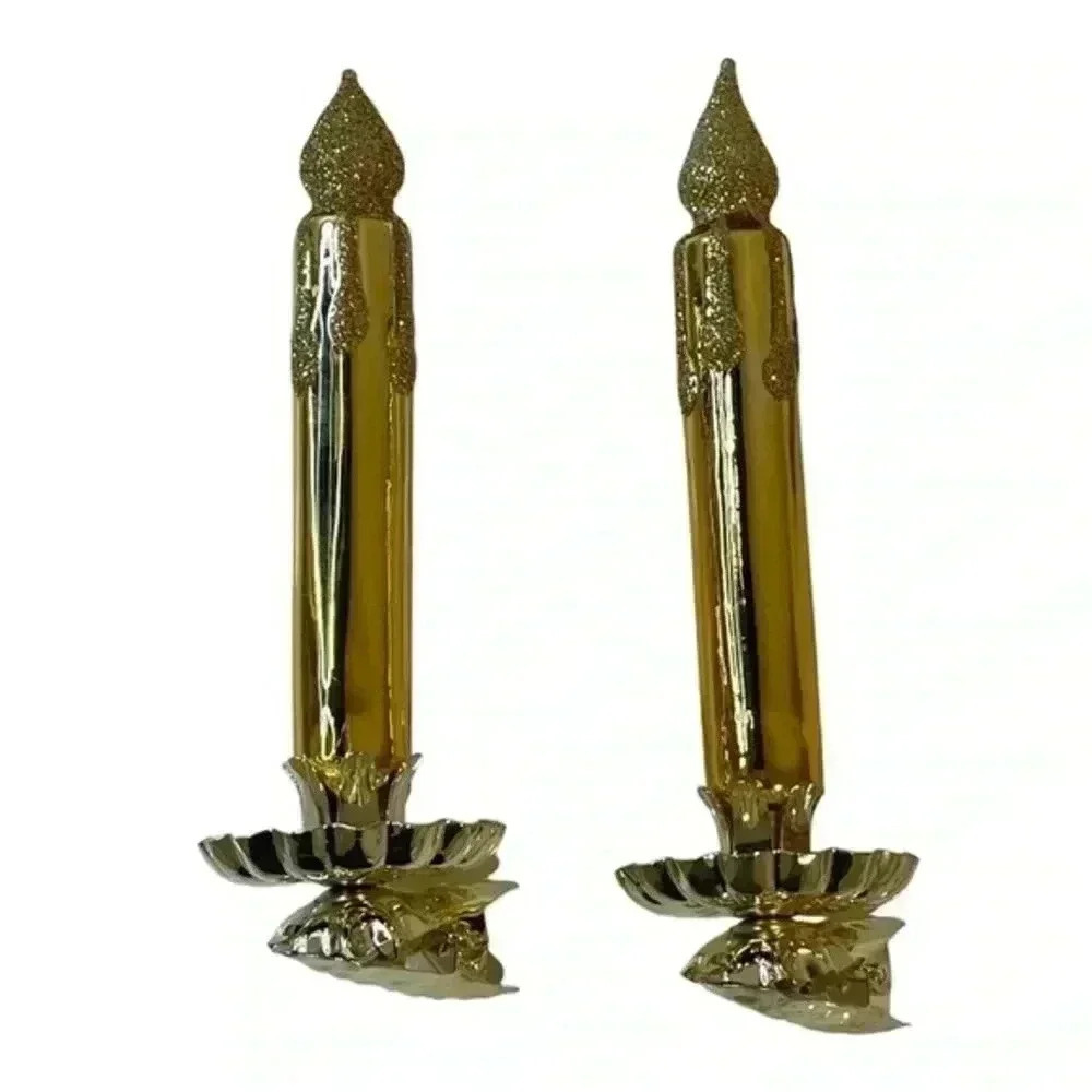 Set Of 2 Gold Shiny‎ Candle Clip On German Glass Christmas Ornament